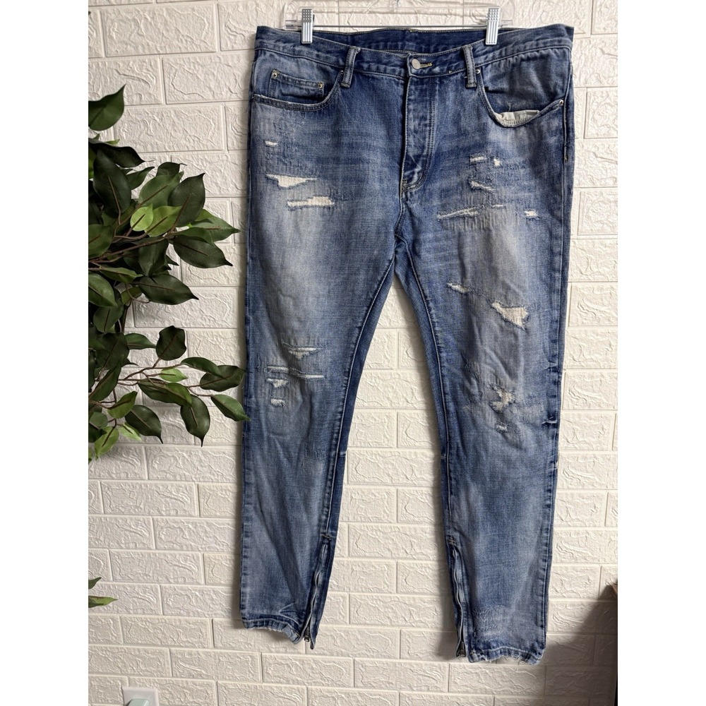 mnml Men's Blue Medium Wash Regular Fit Denim Jeans Button Fly, Zippers/ankle.38
